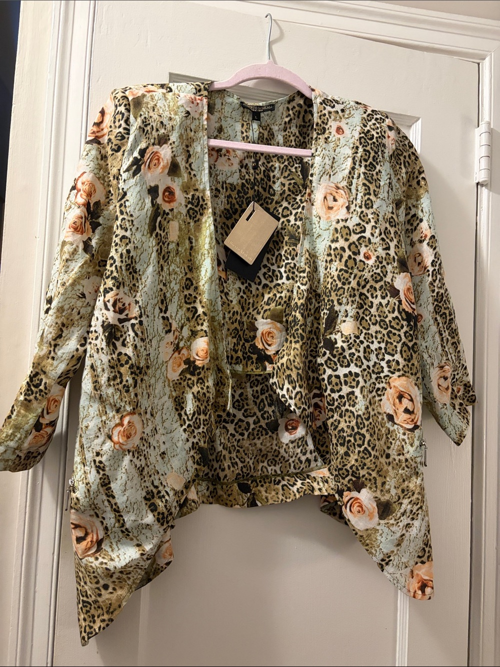 Alberto Makali Mint & Peach Floral Leopard Open-Front Jacket
